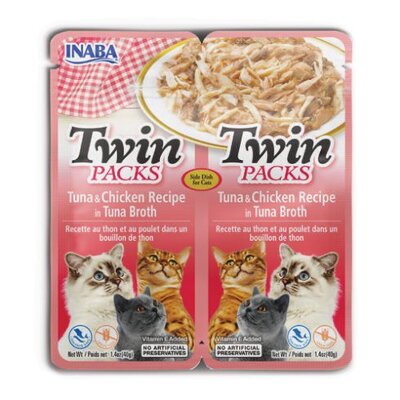 Twin packs treat with tuna and chicken in tuna broth