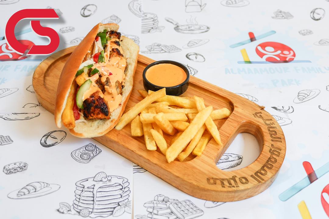 Chicken shish tawook with cheese sandwich